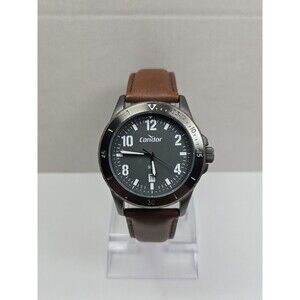 Condor Mens Military Field Watch Brown Leather Strap Date Gray Dial New Battery